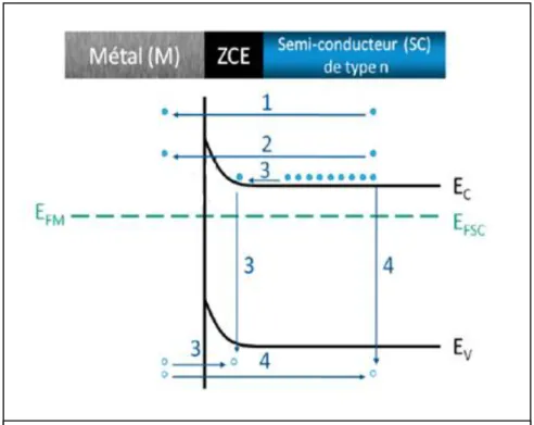 Figure I.12: Mode de transport des électrons dans une jonction  métal-semiconducteur (n) 