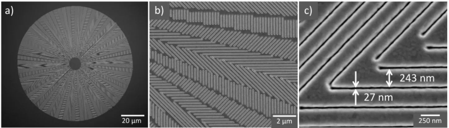 Fig. 7. SEM images of a) 100 μm diameter optical element, the q-plate inscribed in 200 nm thick gold layer using focused Ga ion beam