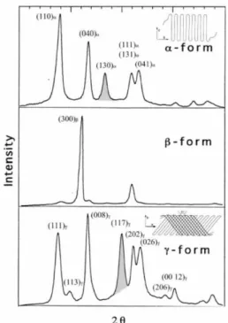 Figure I.11 : Diffractogrammes et schémas des différentes phases cristallines du PP  isotactique [69] 