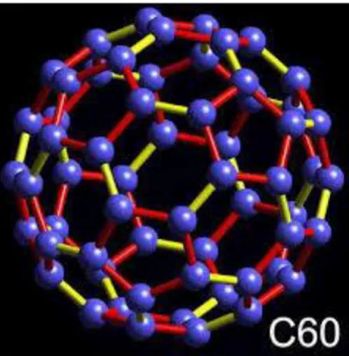 Figure I.3. Structure du C60. Les liaisons C- C communes à un hexagone et un pentagone  sont représentées en rouge, les liaisons communes à deux hexagones sont représentées en 