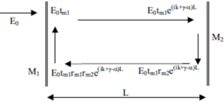 Fig. II-8 Mécanismes d’établissement de l’oscillation laser dans une cavité  Incidente avec les constantes suivantes : 