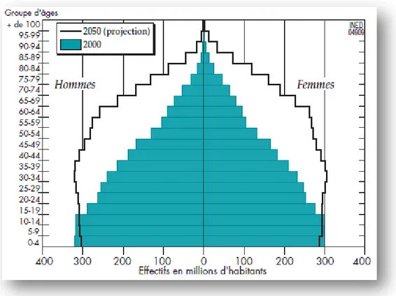 Figure 1 Pyramide des âges de la population mondiale en 2000 et en 2050   (Pison, 2009) 