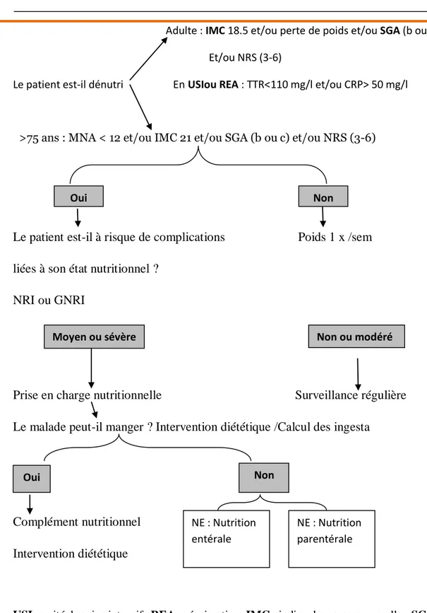 Figure 5 Proposition d’arbre décisionnel simplifié pour le dépistage de la dénutrition et  des risques de mobimortalité liés à la dénutrition (Bernard et al., 2007) 
