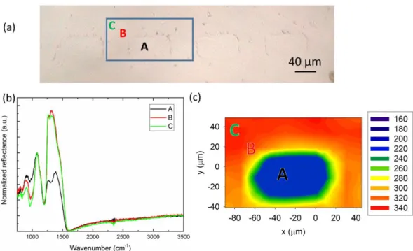 Figure 2. Optical micrographs of the surface (a), spectra taken on positions A, B &amp; C on the  optical micrographs and IR map (b) and corresponding micro-IR map taken on the blue  rectangle presents on the optical micrograph, presenting the intensity di