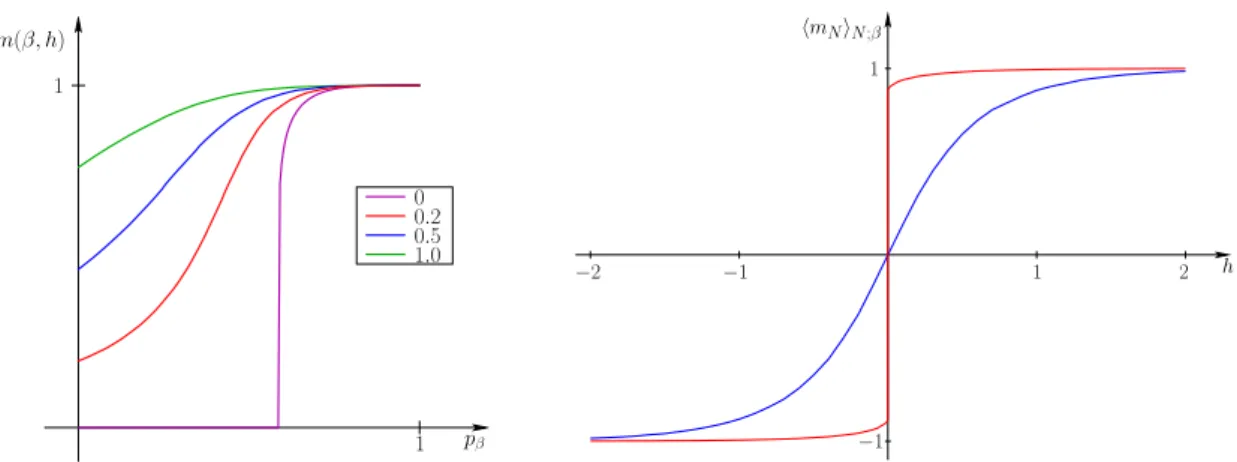 Fig. 1.6 – Gauche : l’aimantation m(β, h) en fonction de p β pour le mod`ele d’Ising en dimension 2 avec condi- condi-tion au bord p´eriodique, pour diverses valeurs de h