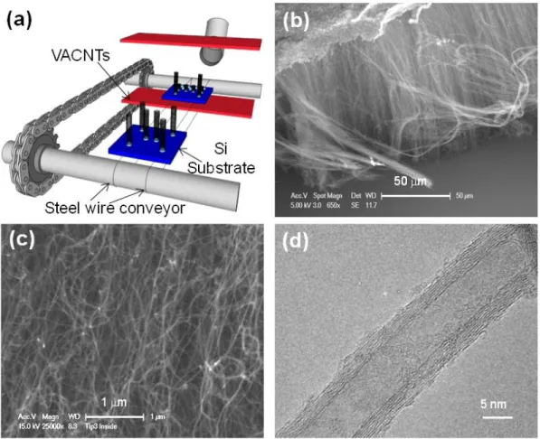 Figure 3.  VACNT grown continuously on rigid substrates. (a) Schematic of system configured for growth on silicon wafer pieces, where the conveyor belt is made of two stainless steel wires.