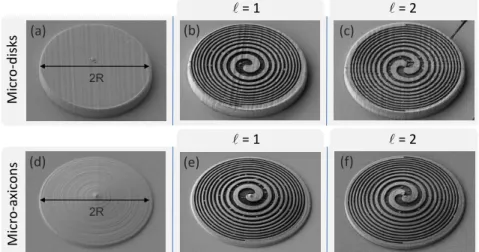 Fig. 1. SEM images of photopolymerized flat disk pedestal (a) an axicon with 165 full-apex angle (d) structures of diameter 2R = 30 µm after sputter-coating with 200 nm of Au