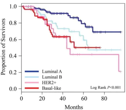 Figure 3: La survie des patientes atteintes du cancer du sein selon les sous-types  moléculaires