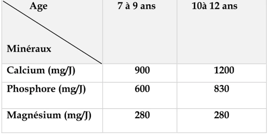 Tableau 1.3 :  Apports recommandés en minéraux chez l’enfant (FERRARI &amp; BONNOT.,  2002) 