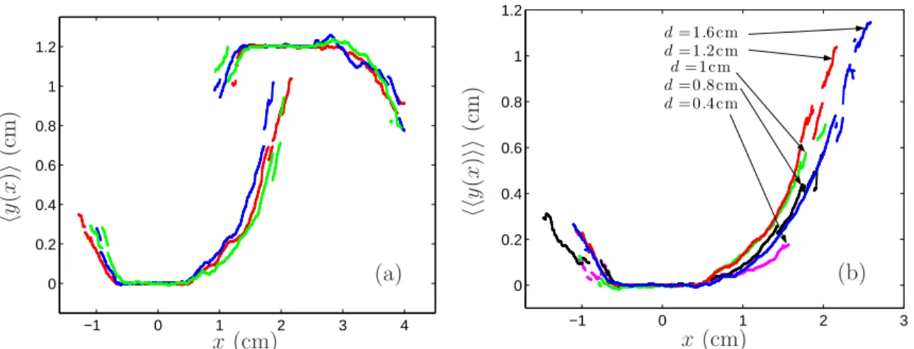 Fig. 9 – (a) Average crack profile hy(x)i for three samples with d = 1.2cm and (b) average crack profile hhy(x)ii for five values of d, for experiments with a type A behavior.