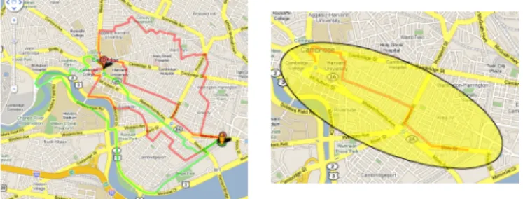 Fig. 2. K = 5 different paths between MIT and Harvard computed by our aggressive strategy