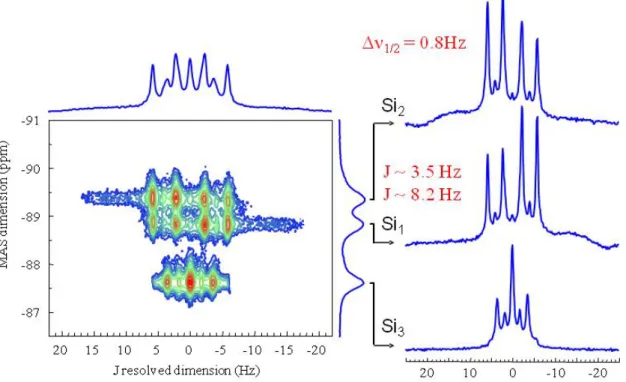 Figure 3 shows an ultimate example of resolution for J couplings in inorganic materials with  the measurement of coupling constants down to a few Hertz in the case of CaSiO 3  Calcium  Silicate polymorphs consisting in chains of cross-linked Si-based Q 2  