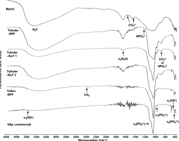 Figure 5. FTIR spectra of the HAp particles produced in different reactors. 