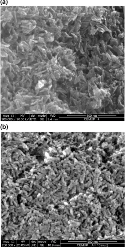 Figure 7. a) SEM image of the HAp particles produced in the microreactors and b) SEM  image of the HAp particles produced in a stirred tank batch reactor