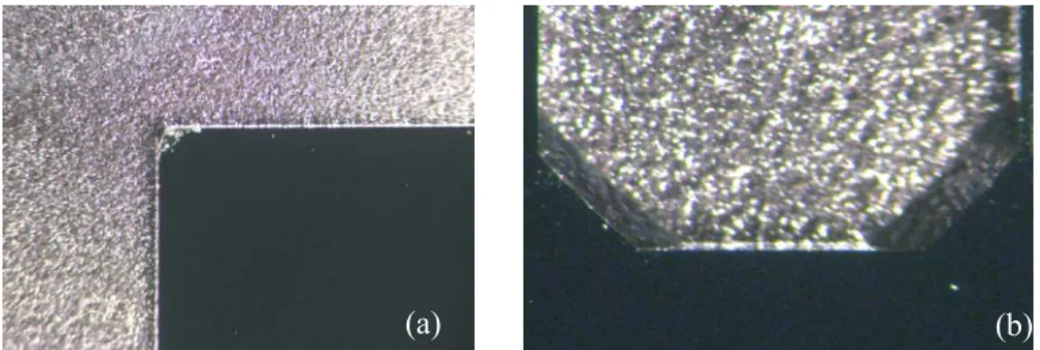 Figure 2.5.  Photographs of the inside corner of a 90º turn and the outside corners of a 180º turn with  KOH etching (the etched area is silver-grey, and the unetched area is dark-green)