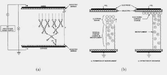 Figure 1.11 : Schéma de la décharge filamentaire : (a) Initialisation de la décharge ;                  (b) Formation d’un canal conducteur