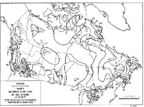 Figure 1. Chart of the National Building Code of Canada 1960 showing snow load on the  ground.