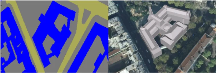 Fig. 5. Paris 12th district cityhall. Left: GISGrid constructed using our dataset. Right: 3D view of the area, source: Google Earth