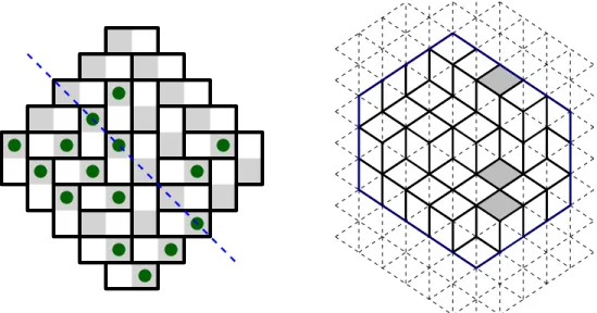 Figure 1. The discrete particle systems arising in uniformly random domino tilings of the Aztec diamond (left panel) and uniformly random lozenge tilings of a hexagon (right panel)