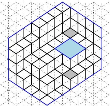Figure 4. Lozenge tiling of the 4×7×5 hexagon with a rhombic 2×2 hole (shown in blue)
