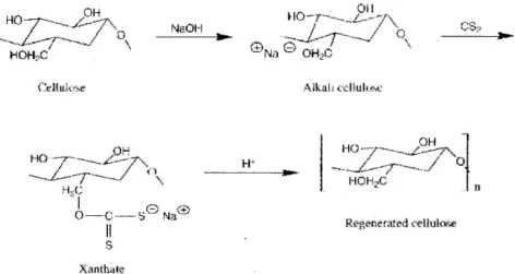 Figure 2.9: Conversion of cellulose to regenerated cellulose (viscose) using caustic soda  [97]