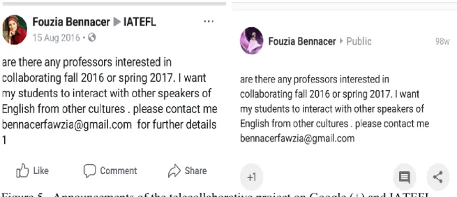 Figure 5 . Announcements of the telecollaborative project on Google (+) and IATEFL. 