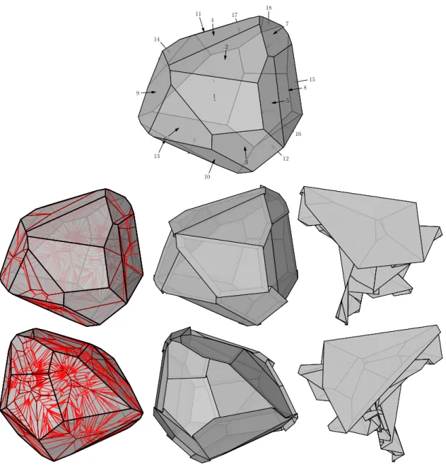 Figure 11. More details of the orderly squashing of the polyhedron from Figure 3: (top) the ordering of front faces; (middle row) front view of the creases and two stages of the flattening; (bottom row) back view of the creases and two stages of the flatte