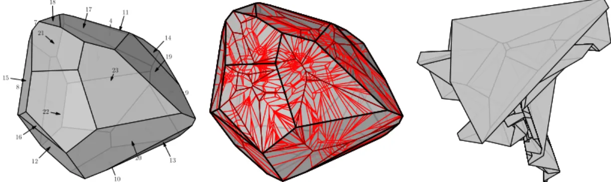 Figure 3. Ordered flattening of a polyhedron: (left) the ordering of faces; (centre) the crease pattern, with primary creases in thick dark red, others in thin light red; (right) the flattened state