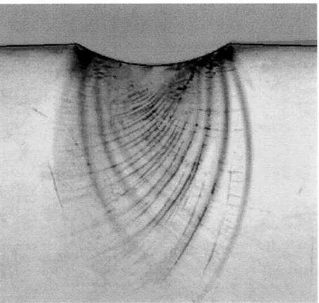 Figure  4-5:  Superposition  of the  contour  plot  for  the  equivalent  plastic  shear  strain on  the  corresponding  experimentally-observed  shear  band  pattern  under  the  indenter for  the  10 kN  indentation.