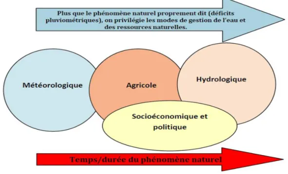 Figure  I.1 :  Relations  entre  les  différents  types  de  sécheresse  (météorologique,  agricole,  hydrologique et socioéconomique)
