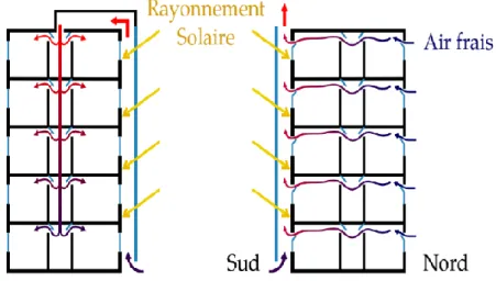 Figure I.4 : fonctionnement d’une paroi double peau pour créer une ventilation naturelle en été à droite et  en hiver à gauche 