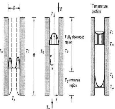 Figure I.14 : convection naturelle dans un canal vertical composé de deux plaques planes verticales  chauffées à température constante (Charles Garnier, 2014) 