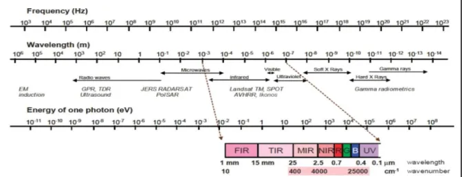 Figure 07 : Spectre  électromagnétique  illustrant  les  principaux  domaines  spectraux   utilisés  en télédétection
