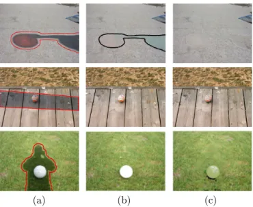 Figure 11: Shadow removal. (a) Original image with the mask of shadowed pixels. (b) Result taken from [25]