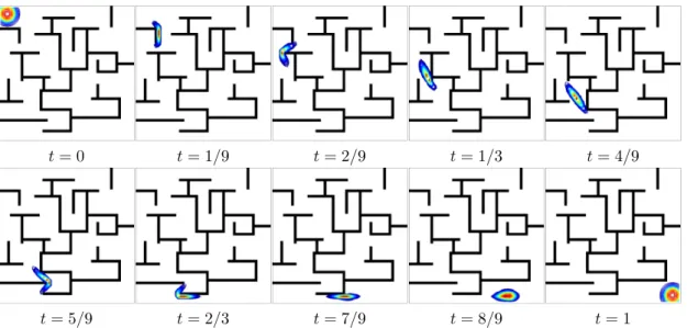 Fig. 6.7. Evolution of f ? (·, t) for several values of t, using a Riemannian manifold with weights w k (constant in time) restricting the densities to lie within a 2-D static labyrinth map.