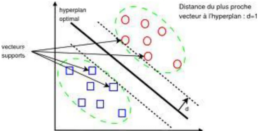 Fig. 5.5.  Un exemple de classification de deux classes par les SVM 