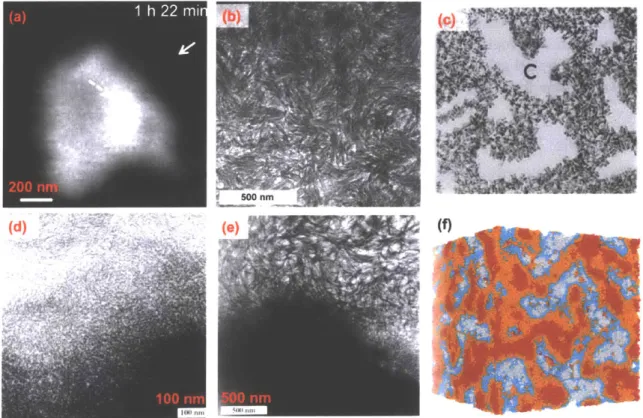 Figure  1-2:  Panel  of  images  demonstrating  the  colloidal  nature  of  cement  paste:  (a) X-ray  spectroscopy  image  of  a  C 3 S  grain  dissolving  in  dilute  solution  17];  solid   ar-row  points  toward  C-S-H  nanoparticles  precipitating  ne