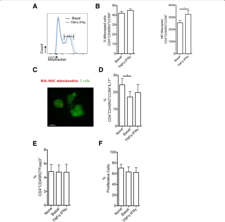 Fig. 5 Artificial transfer of BM-MSC mitochondria in Th17 cells significantly reduces IL-17 production independently of TNF- α /IFN- γ activation.