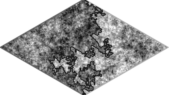 Figure 4.1: Gaussian free field on faces of hexagonal lattice—faces shaded by height—with boundary conditions equal to − λ on the left boundary arc and λ on the right boundary arc, where λ > 0 is a constant