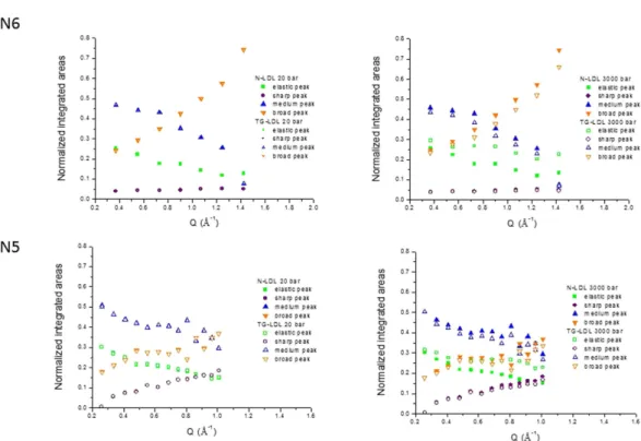 Figure 7.  Spectral weights or Q dependence of the integrated areas of the elastic peak and the Lorentzian  functions on IN5 and IN6 for both pressure values