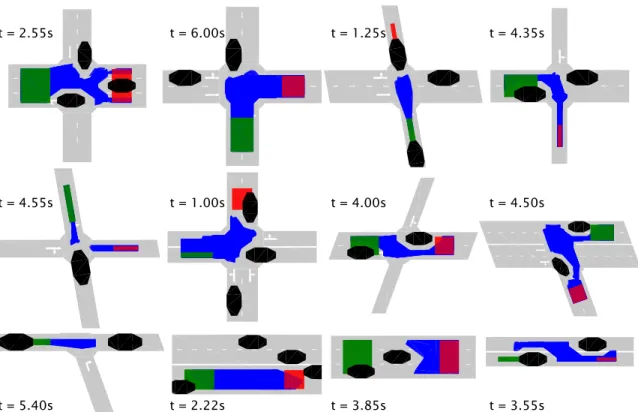 Figure 3-6: A selection of verified road models, comprised of various intersections and straight roads, is shown together with the reachable set (blue) and other traffic participants (black) at the indicated timestep
