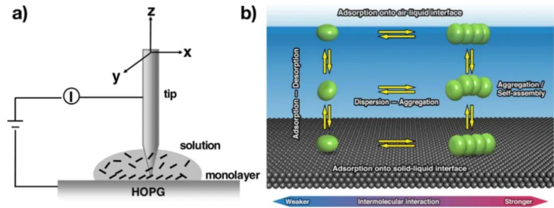 Figure  20.  a)  Scheme  of  the  experimental  set-up  for  performing  STM  at  the  graphite  (HOPG)-liquid  interface
