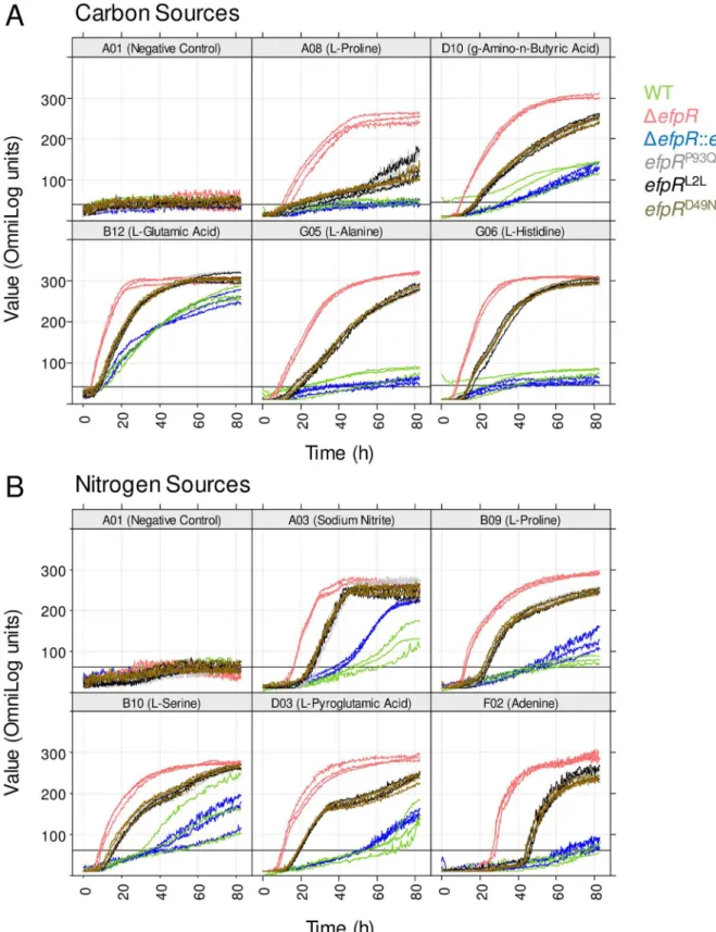 Fig 3. Phenotypic microarray curves for the ΔefpR mutant and the efpR allelic mutants compared to the WT strain.