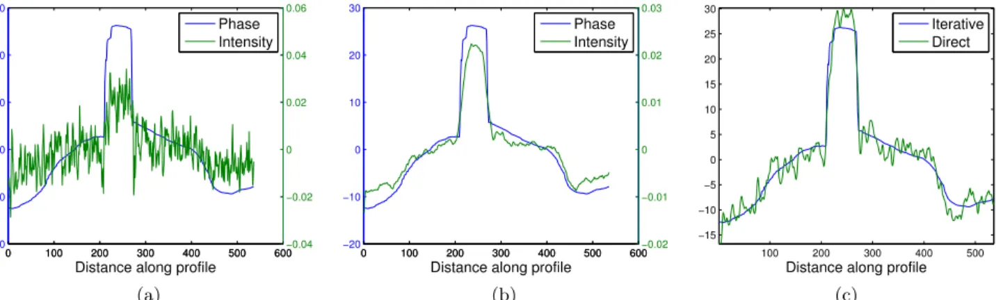 Figure 4. Image profiles along the dashed blue line in Figure 3, showing our iterative compressive method compared to: