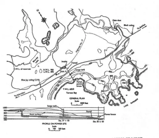 FIG. 10.-GENERAL PLAN OF THE AGUASABON  HYDROELECTRIC  PROJECT the  reservoir,  but  this  gradually  levelled  off  and the  plant  has  been in   con-tinuous  operation  ever  since  its  opening, dependent for  its  water  supply  on this nafural  "