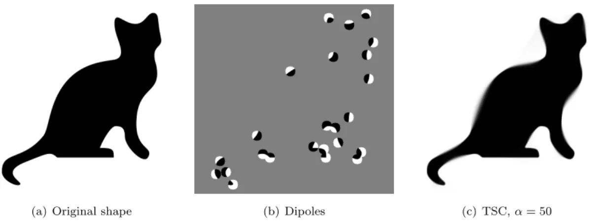 Figure 7: Computation of “Weickert’s cat” [76]: (a) shows the original shape, (b) depicts the given dipole data and (c) is the result of minimizing the TSC energy in the gray inpaiting domain.