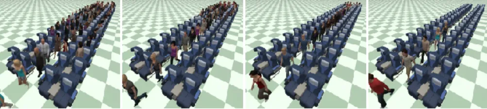 Figure 1: WarpDriver agents exiting a plane in seating order, solely due to collision avoidance, without additional scripting.
