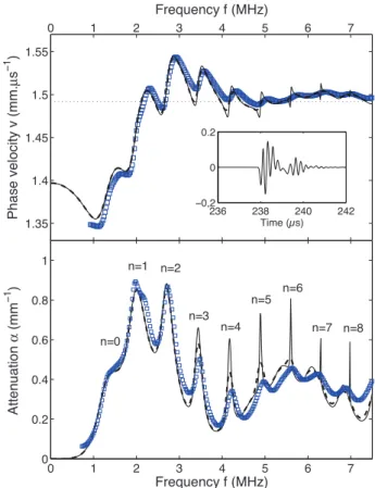 FIG. 3. Phase velocity (top) and attenuation (bottom) measured in sample 2 (blue open squares)
