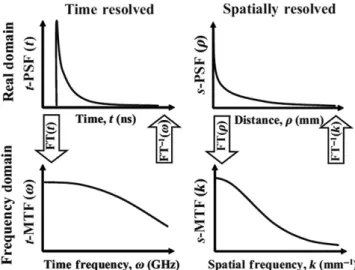 Fig. 2 Measurement domains (adapted from Ref. 1): optical proper- proper-ties can be measured in either space or time, and in either the real or the frequency domains
