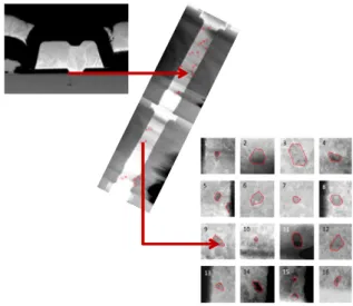 Fig.  13. STEM-HAADF images (FIB cut) performed by  Biophy Research a) on the gate edge between gate and  source and b) under the gate